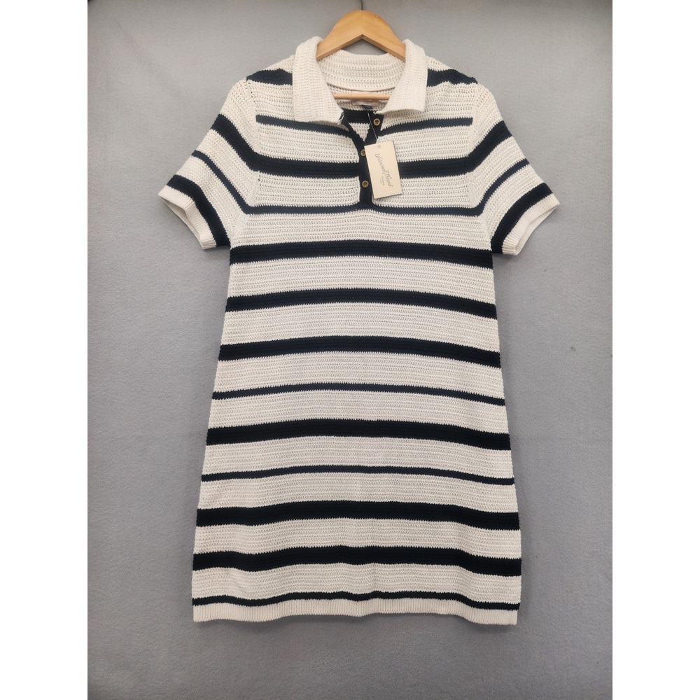Universal Thread Striped Knit Polo Dress Black Cream Crochet Mini Short Sleeve M